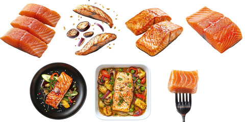 A set of delicious juicy salmon fillets isolated on a transparent PNG background