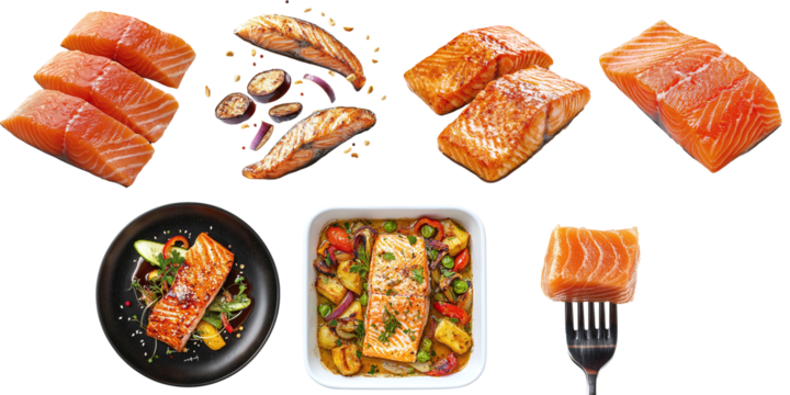 A set of delicious juicy salmon fillets isolated on a transparent PNG background