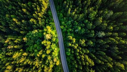 Aerial view of a road through a dense forest