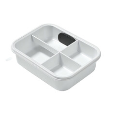 White rectangular storage container with four compartments.  A small dark gray object sits in one of the compartments