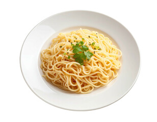 Plate of cooked pasta, light golden color, with fresh herbs, likely tossed in a light sauce