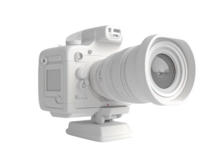 A three-quarter view of a pristine, white, 3D model of a professional camera, complete with a large lens and a base