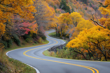 Fototapeta premium Scenic winding road curves through vibrant autumn forest, lined with golden and red foliage, creating a peaceful rural landscape with textured trees and a meandering asphalt path.