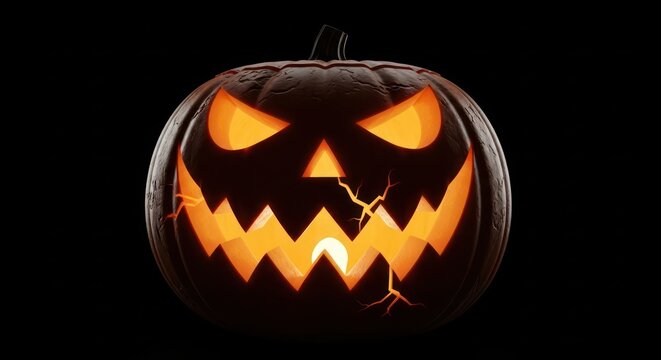 Eerily glowing jack-o'-lantern with menacing expression against a dark background evokes halloween
