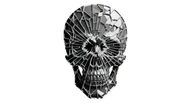 Intricate chrome skull artwork with shattered glass effect, reflecting metallic surface and sharp