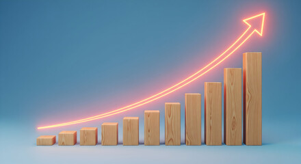Witness exponential growth with a vibrant upward arrow and wooden block chart