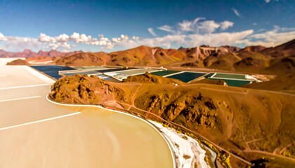 Aerial view of a salt flat and industrial facilities nestled in a mountainous landscape