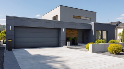 Modern Grey House with Garage: A stunning, contemporary house with a grey facade, featuring a spacious garage and a beautifully designed driveway against a clear blue sky.