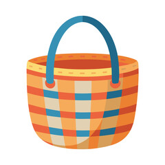 Colorful woven basket with checkered pattern in orange, yellow, red, and blue with teal handles.