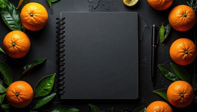 Black notebook surrounded by oranges and leaves