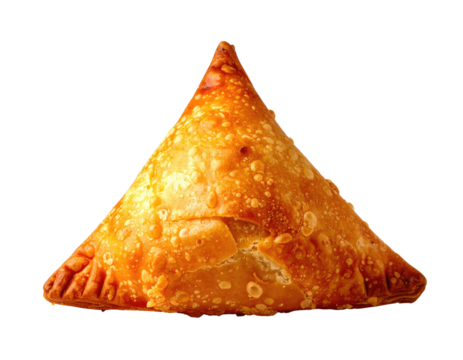 Golden triangular samosa, crispy pastry, filled with savory spiced filling