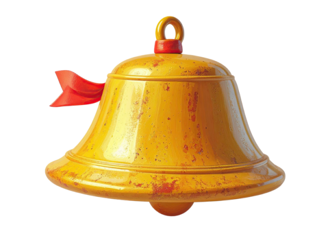 3D rendered, textured, gold bell with red ribbon