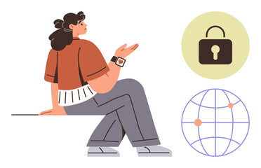 Woman sitting and gesturing thoughtfully beside a lock icon and globe, suggesting security, connectivity, or online privacy. Ideal for cybersecurity, internet safety, global communication, data
