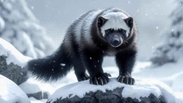 A wolverine standing on a snowy rock face