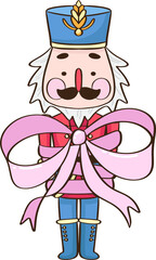 Nutcracker with Pink Ribbon Bow Cartoon Doodle Illustration