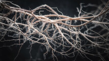Intricate root system branching from a plant.