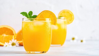 Fototapeta premium Two glasses of orange juice, garnished with orange slices and mint, sit on a light surface