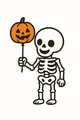 Cheerful cartoon skeleton holding a festive pumpkin, perfect for spooky season designs and holiday invitations