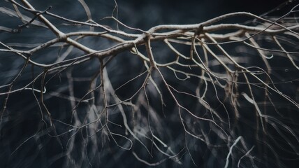 Intertwined, skeletal branches reaching against a dark backdrop.