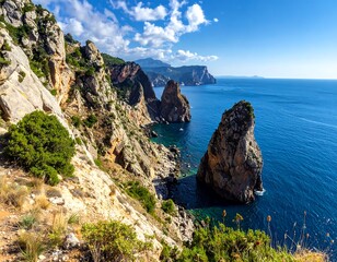 Coastal cliffs meet turquoise sea under a bright sky