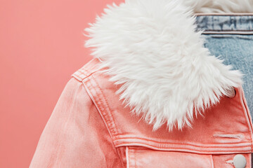 Closeup of a stylish pink denim jacket with a fluffy white collar, perfect for adding a touch of warmth and fashion to any outfit