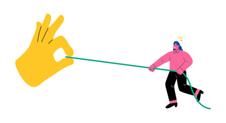 Business woman pulling the rope from the big business hand with difficulty. Unhelathy rivalry concept. Flat vector illustration isolated on white background