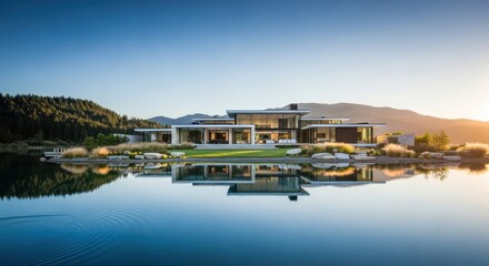 Contemporary waterfront estate with tranquil reflections and mountainous backdrop at sunset