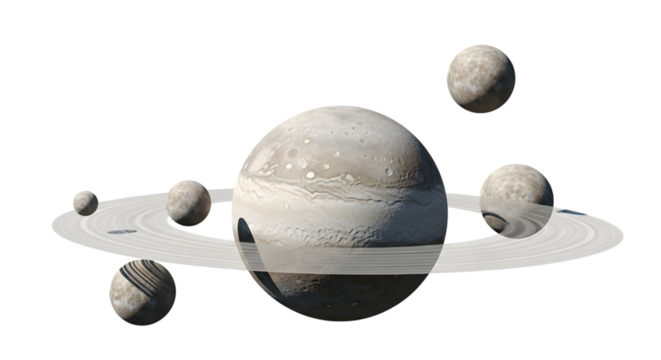 A large, ringed gas giant planet with several moons orbiting it, isolated on a transparent background