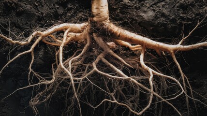 Extensive root system of a plant emerging from the soil.