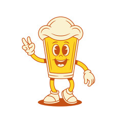 Happy beer glass cartoon character peace greeting vector flat illustration. Smiling malt foamy alcohol beverage party hello cheers two fingers gesturing mascot with positive emotion