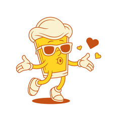Enamored beer glass cartoon character in sunglasses vector flat illustration. Comic cute malt foamy alcohol beverage mascot in summer eyeglasses blowing hearts Saint Valentine's Day sticker