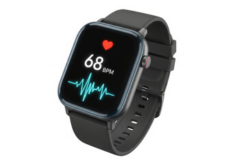 Heart rate monitor watch showing 68 BPM and ECG waveform, black silicone strap, modern fitness tracker with metal case and rounded square display, health monitoring wearable