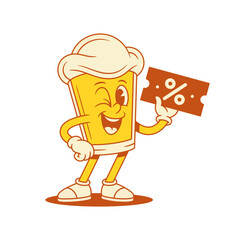 Funky beer glass cartoon character shopping sale vector flat illustration. Comic malt foamy alcohol beverage mascot with discount percentage promo tag price off cost reduction