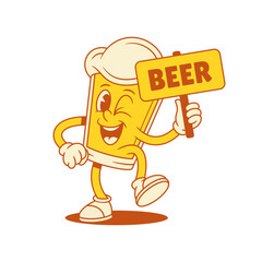 Playful beer glass cartoon character with signboard vector flat illustration. Funky comic malt foamy alcohol beverage mascot showing sign for pub bar party refreshment drink with positive emotion