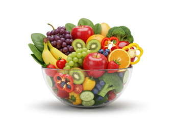 Fresh fruit and vegetable bowl with apples banana grapes kiwi orange berries bell pepper cucumber and broccoli arranged in glass salad bowl bright healthy colorful produce and leaves