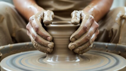 Fototapeta premium Hands shaping clay on pottery wheel
