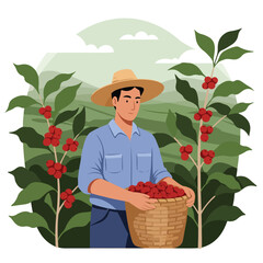 Farmer harvests red coffee cherries in a woven basket, against a hilly backdrop