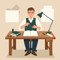 Man at desk repairs a book. Lamp, tools, paper & finished books. Vector art