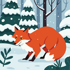 Cartoon fox in a snow-covered forest, stylized and simple graphic illustration