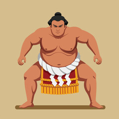 Sumo wrestler in mawashi, squatting with intense look