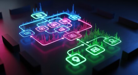 Abstract technological process visualization with luminous scheme diagram design illustration