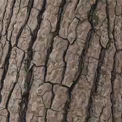 Illustrated close-up of heavily textured, brown tree bark with deep cracks