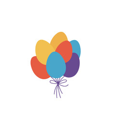 Cartoon-styled balloons tied with a ribbon, set against a white background