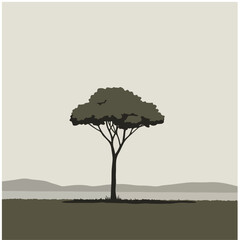 Tree silhouetted on land near water in muted tones, against light sky