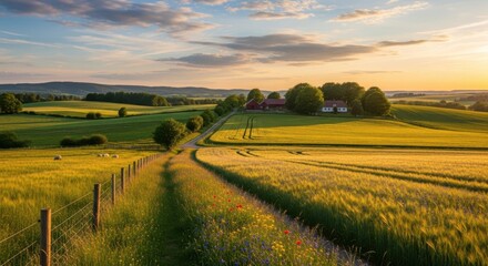 Obraz premium Idyllic rural landscape at sunset with golden fields and countryside view