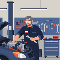 Mechanic holds wrench while inspecting car engine in garage with tools