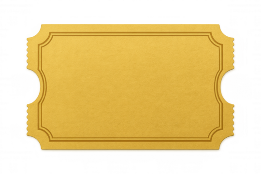 Golden blank admission ticket template isolated, empty voucher for cinema, event, or reward on transparent background