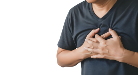 A person clutching their chest in pain, indicating a potential heart attack or chest discomfort, isolated on transparent background