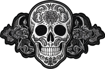  logo embroidered skull patch, white background, png transparent background, sticker style, no shadow in the middle of the canvas, clipart.