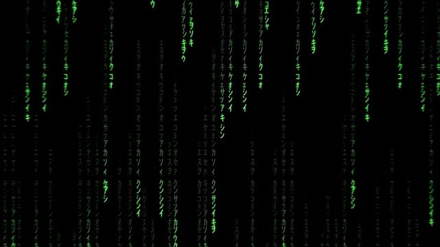 Alphabet rain background, green and black color animation moving on screen. dynamic matrix background Green binary code on black background abstract
